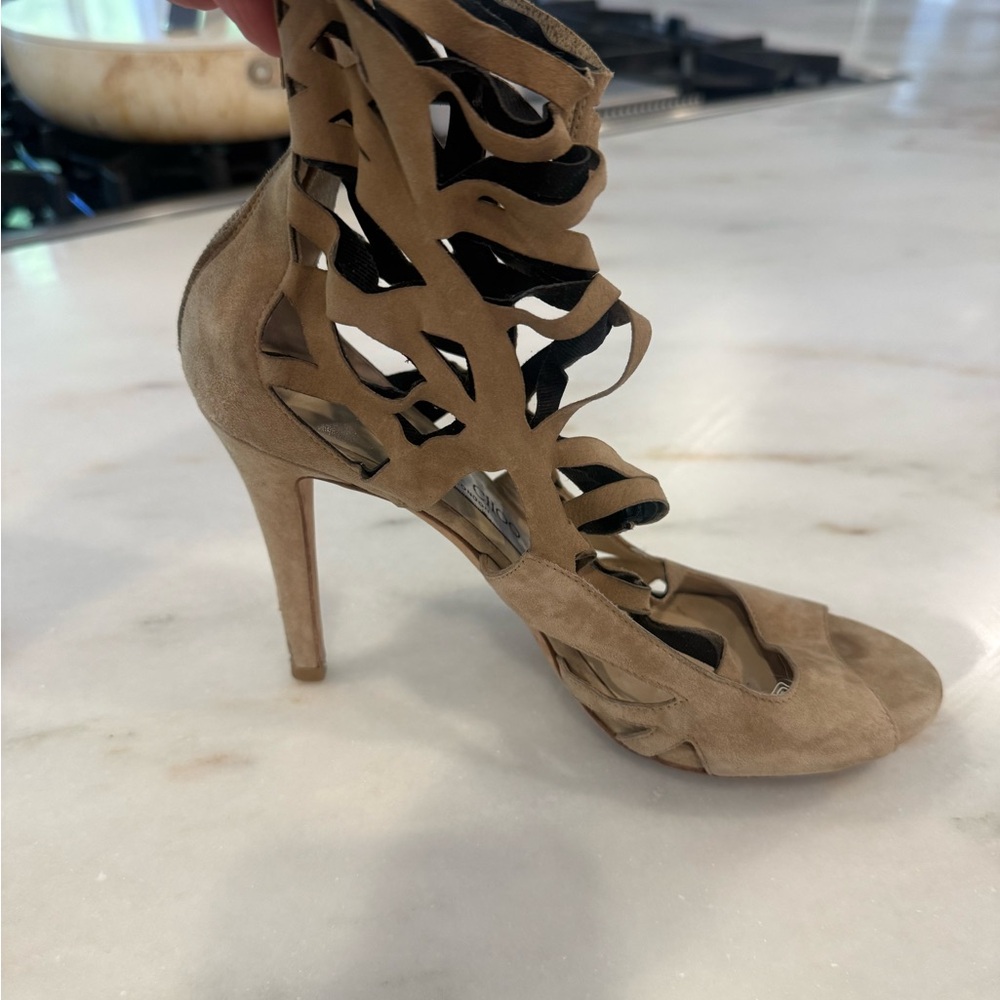 Jimmy Choo Tan Suede Cutout Stiletto Sandal